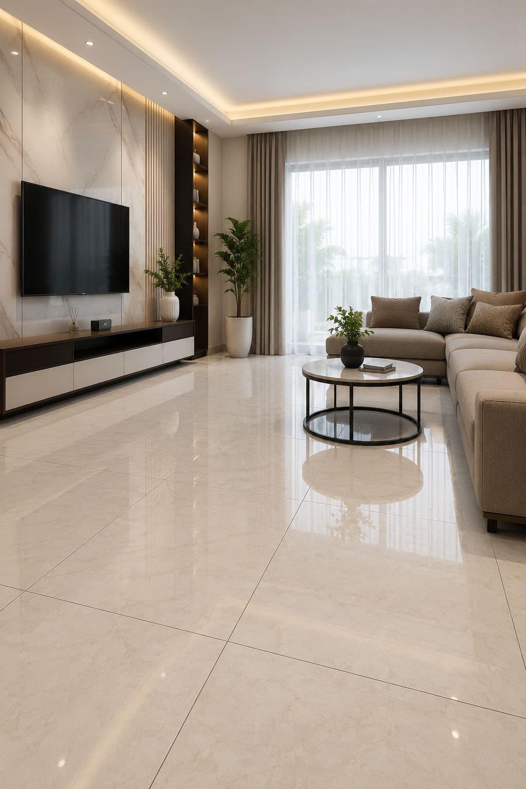 Contemporary living space with polished Quickset tiled floors